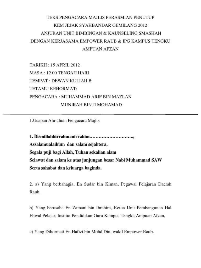 Teks Pengacara Majlis Perasmian Penutup | PDF
