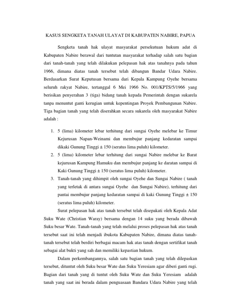 Di kabupaten nabire provinsi papua (studi kasus sengketa tanah bandar udara. Kasus Sengketa Tanah Ulayat Di Kabupaten Nabire Pdf