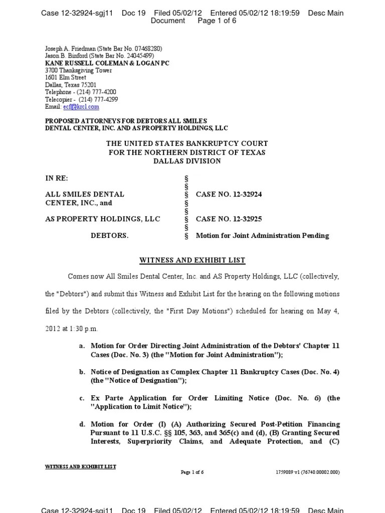 Everything you wanted to know. Witness and Exhibit List- Doc 19 | Chapter 11 | Bankruptcy