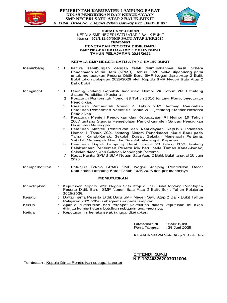 651703754 Contoh Format SK Penetapan PPDB Tahun Ajaran 2023 2024 | PDF