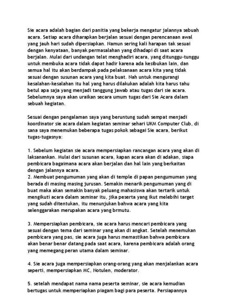 Sie Acara Adalah Bagian Dari Panitia Yang Bekerja Mengatur Jalannya Sebuah  Acara | PDF
