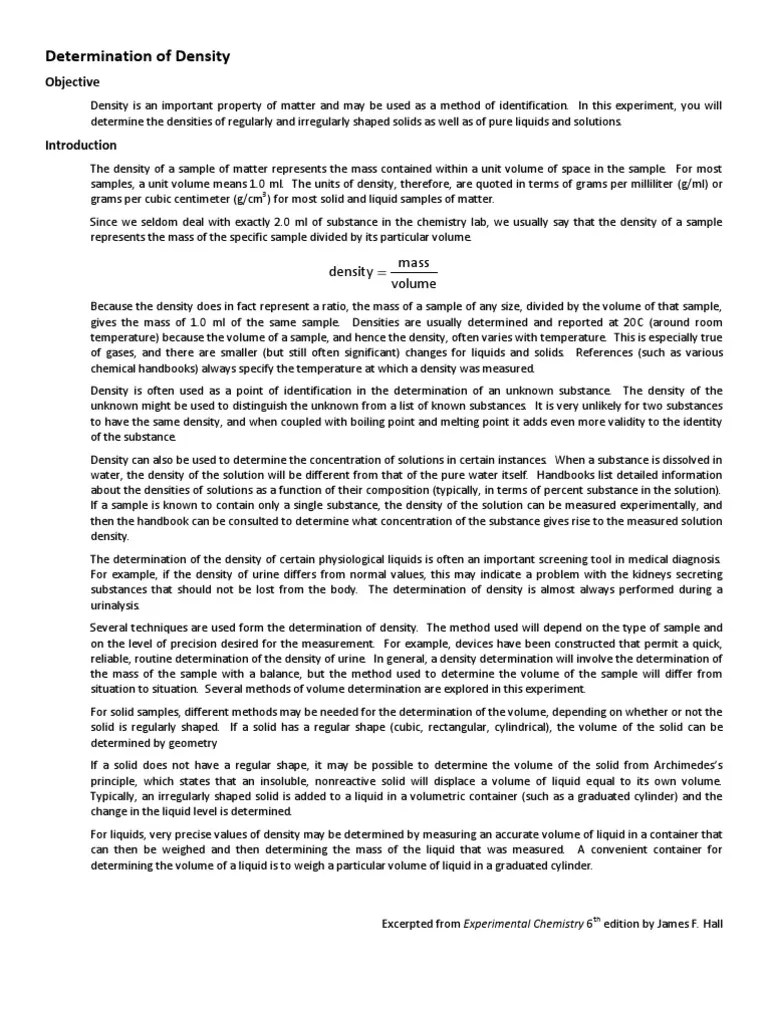 Determination Of Density Lab | Density | Volume