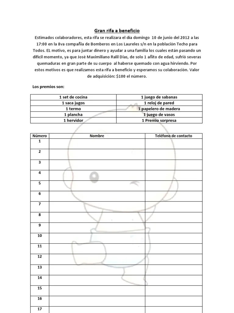 ¿cómo se hace una rifa ejemplo? Gran Rifa A Beneficio Pdf Violencia Desastres Y Accidentes