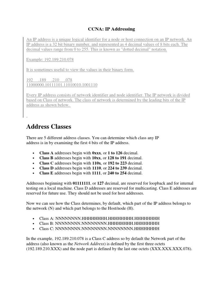 Address Classes: CCNA: IP Addressing | PDF | Routing | Computer Network