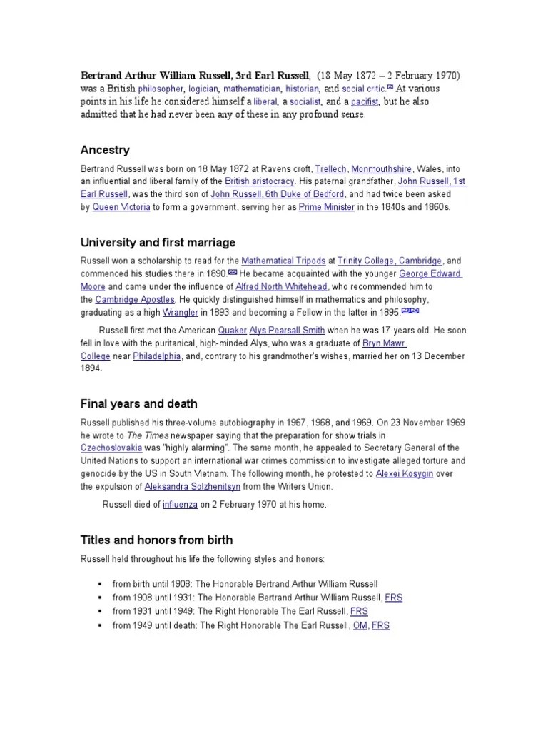 Bertrand Arthur William Russell | Download Free PDF | Bertrand Russell ...