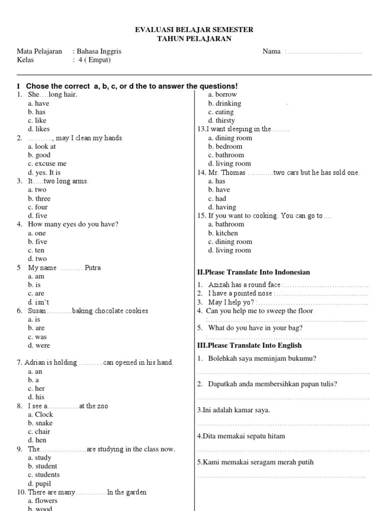 Soal uts bahasa inggris sd semester genap kelas 1. Soal Bahasa Inggris Kelas 4 Sd