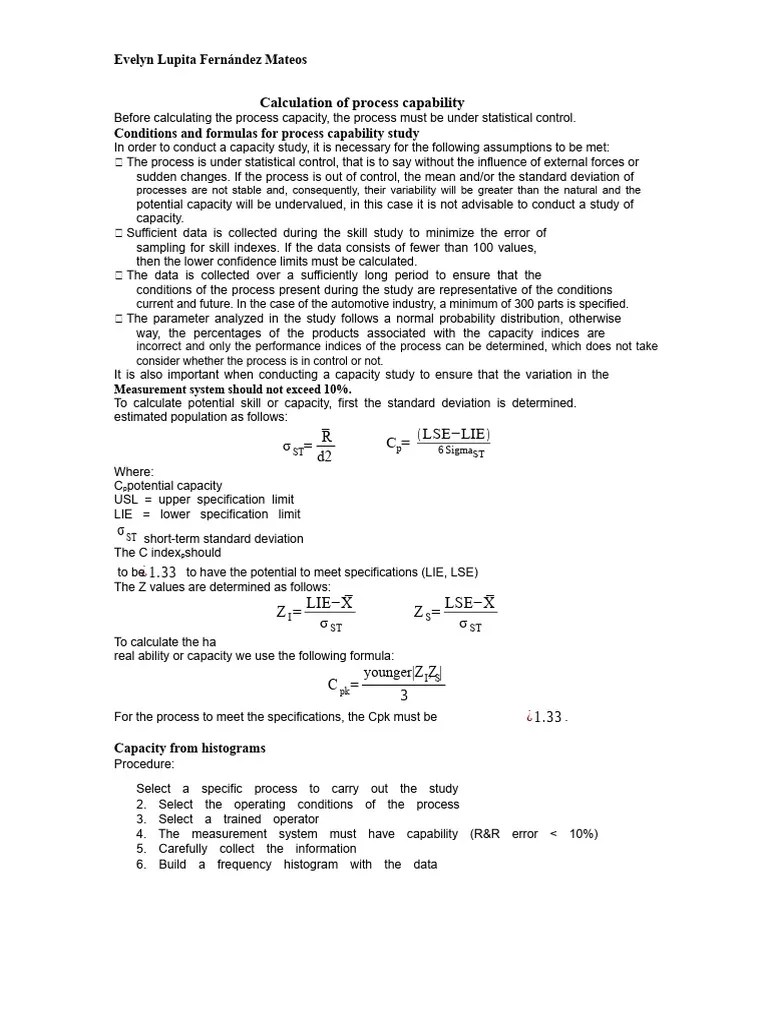 Calculation Of Process Capability Pdf Standard Deviation Statistics
