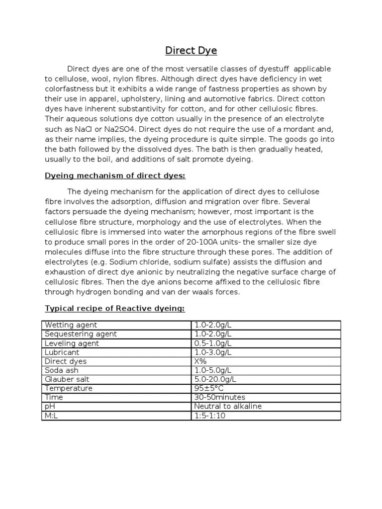 Dyeing Of Cotton Fibre With Direct Dye | PDF | Dye | Sodium Carbonate