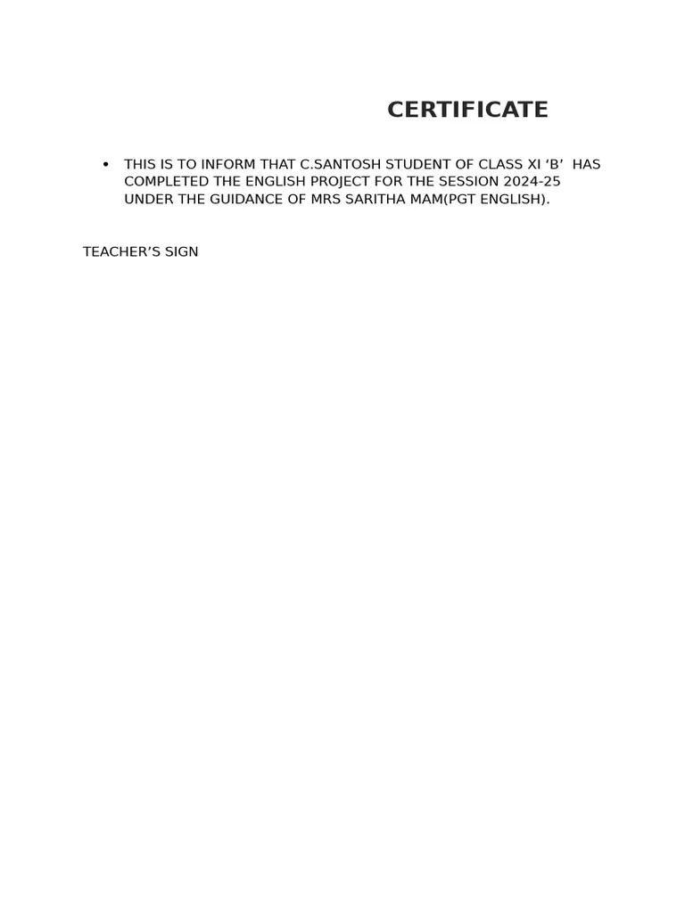 Class xi english project certificate