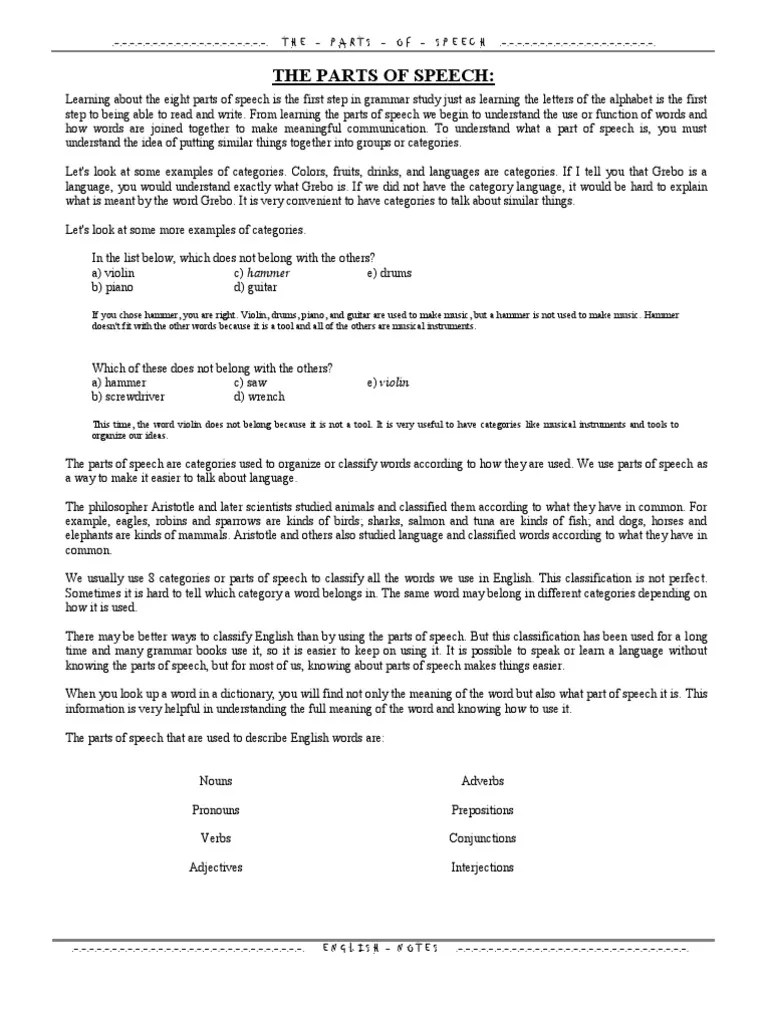 Parts Of Speech PDF | PDF | Verb | Grammatical Number