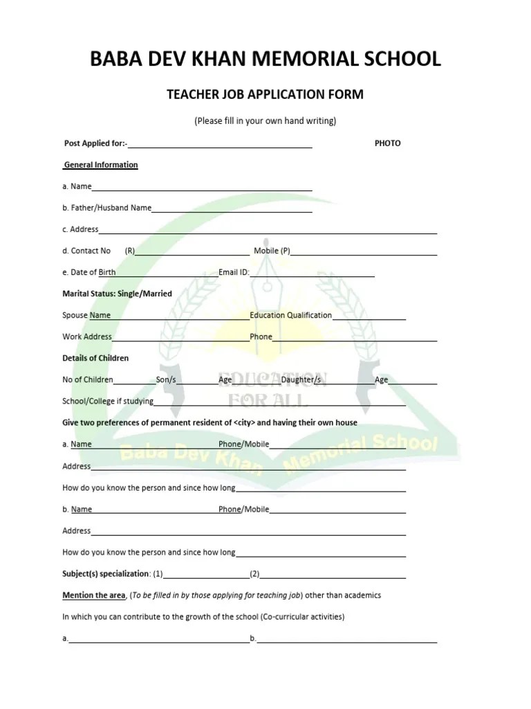 Teacher Application Form Pdf