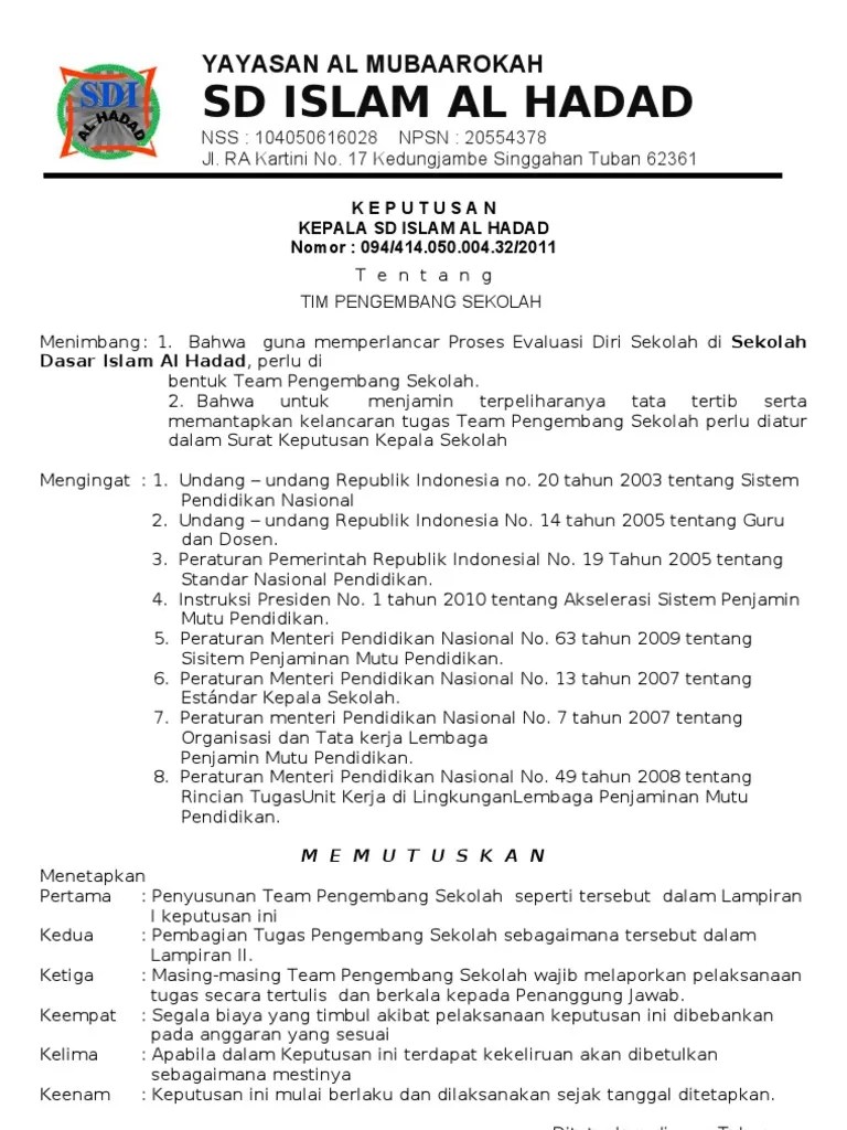 Surat keputusan kepala sekolah menengah atas negeri 20 tebo nomor : 11 Sk Tim Pengembang Sekolah Sdi Al Hadad Pdf