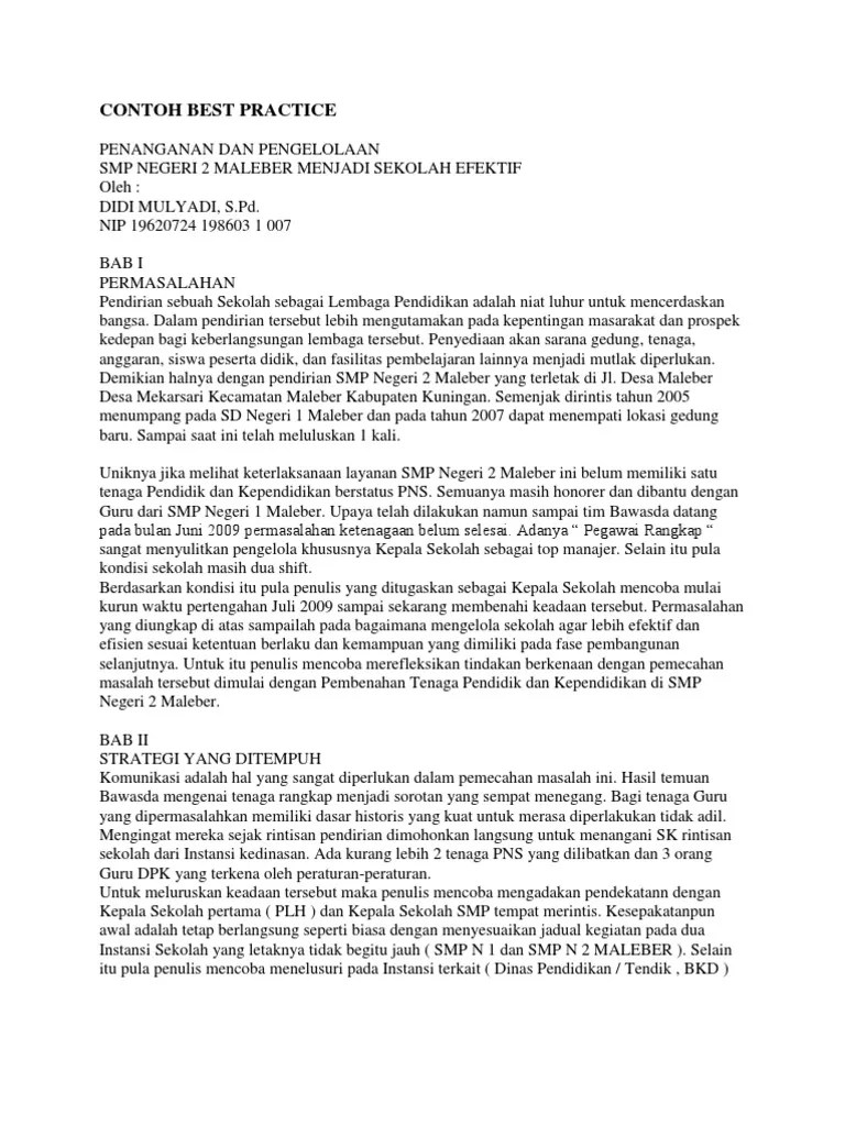Pengawas, kepala sekolah, para guru sd negeri 45 dampang. Contoh Best Practice Pdf