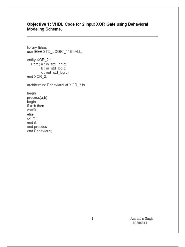 Modeling Scheme.: Objective 1: VHDL Code For 2 Input XOR Gate Using ...