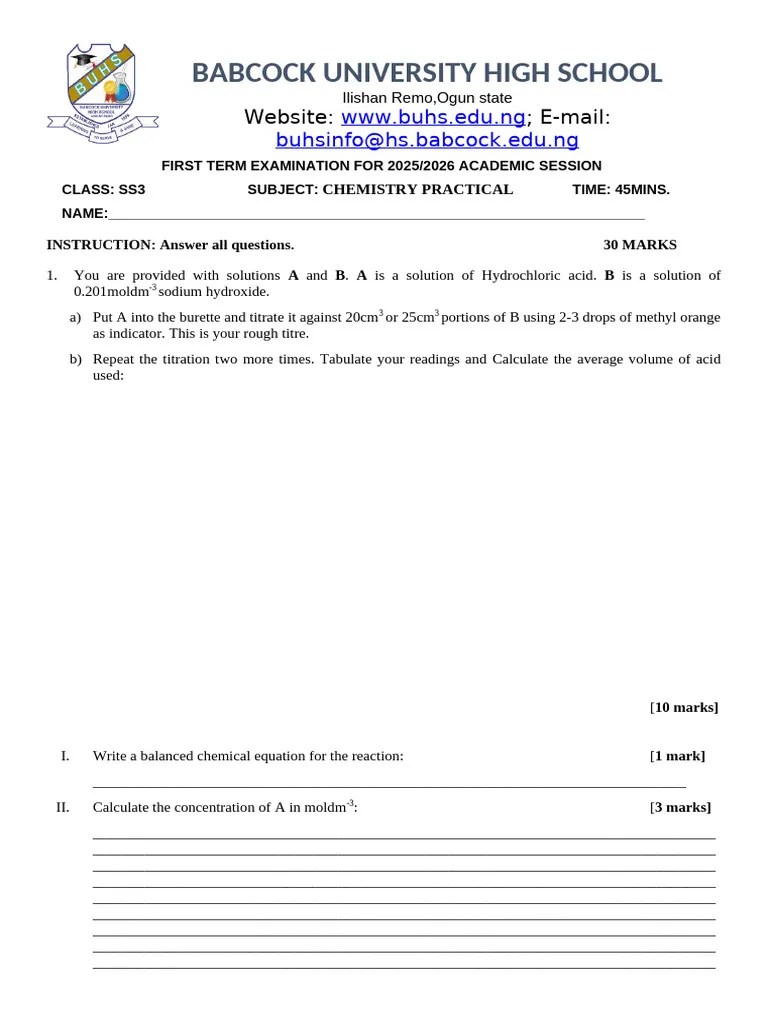 Ss3 Chemistry Practical Exam 2025 Pdf Titration Chemistry