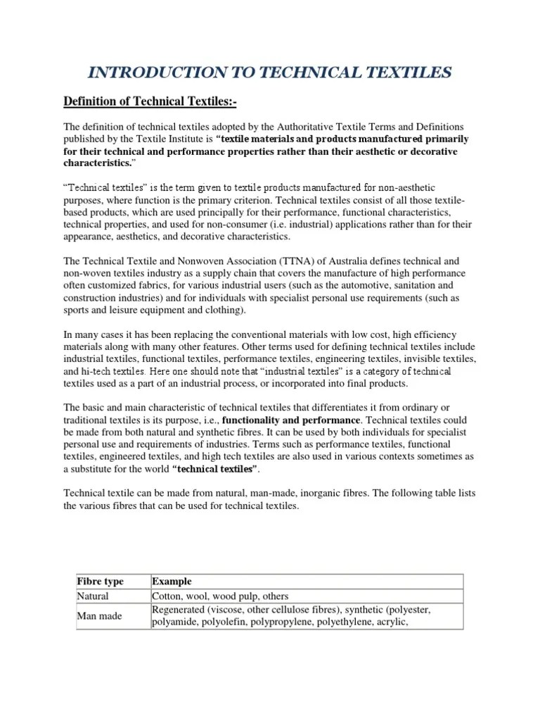 Definition Of Technical Textiles | PDF | Textiles | Fibers