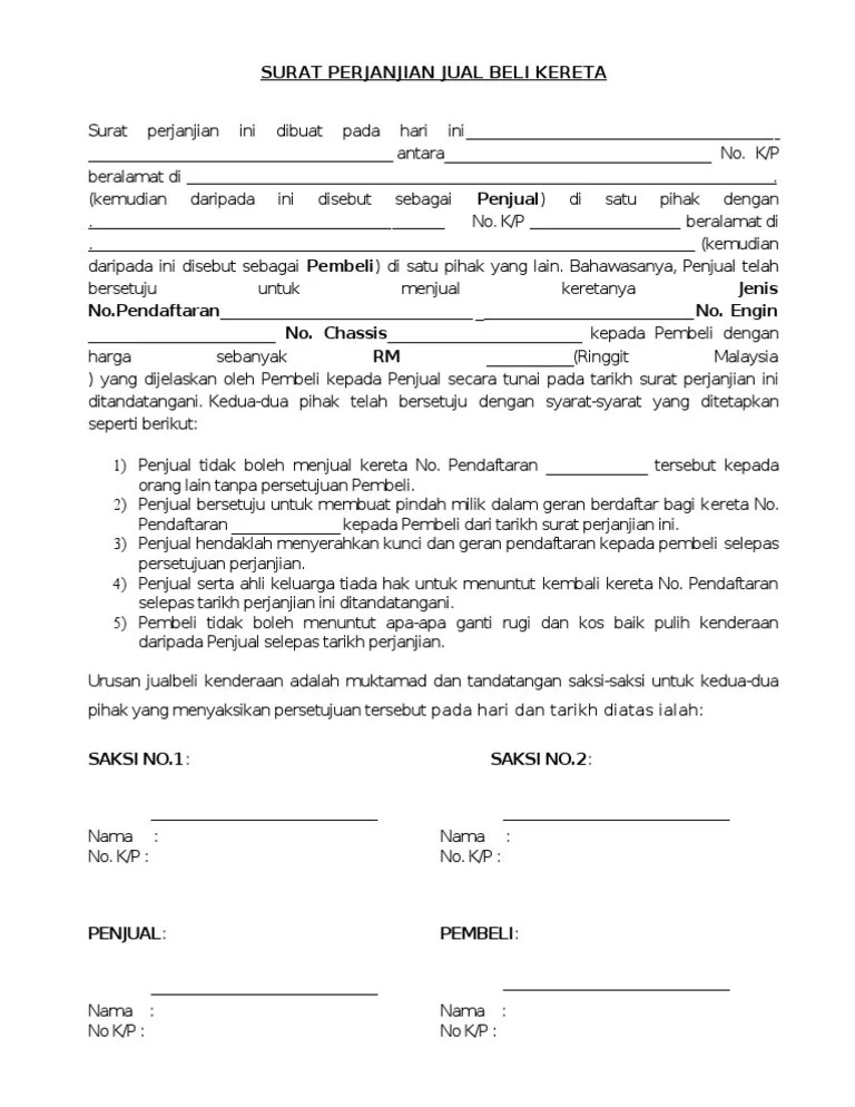 Contoh surat perjanjian jual beli kereta second hand (terpakai) termasuk guna kaedah sambung bayar dalam format pdf doc. Surat Perjanjian Jual Beli Kereta A Pdf