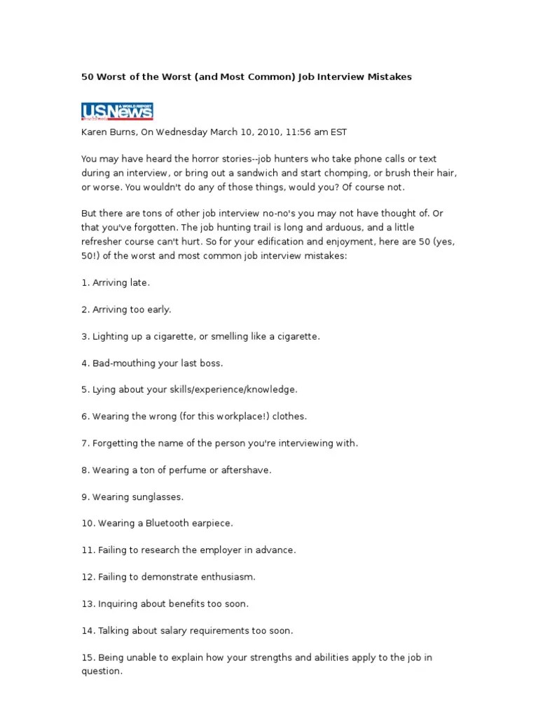 50 Worst Of The Worst And Most Common Job Interview Mistakes | PDF | Job Interview | Leisure