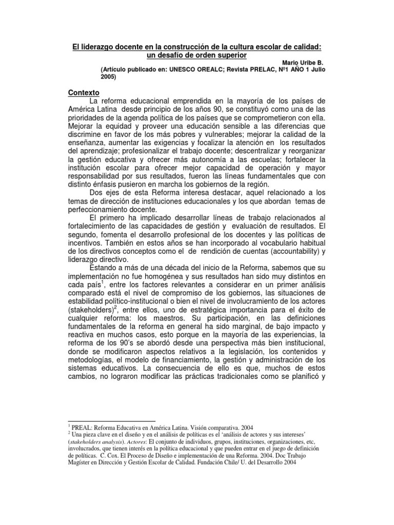 El Liderazgo Docente En La Construcción De La Cultura Escolar De Calidad | PDF | Liderazgo ...