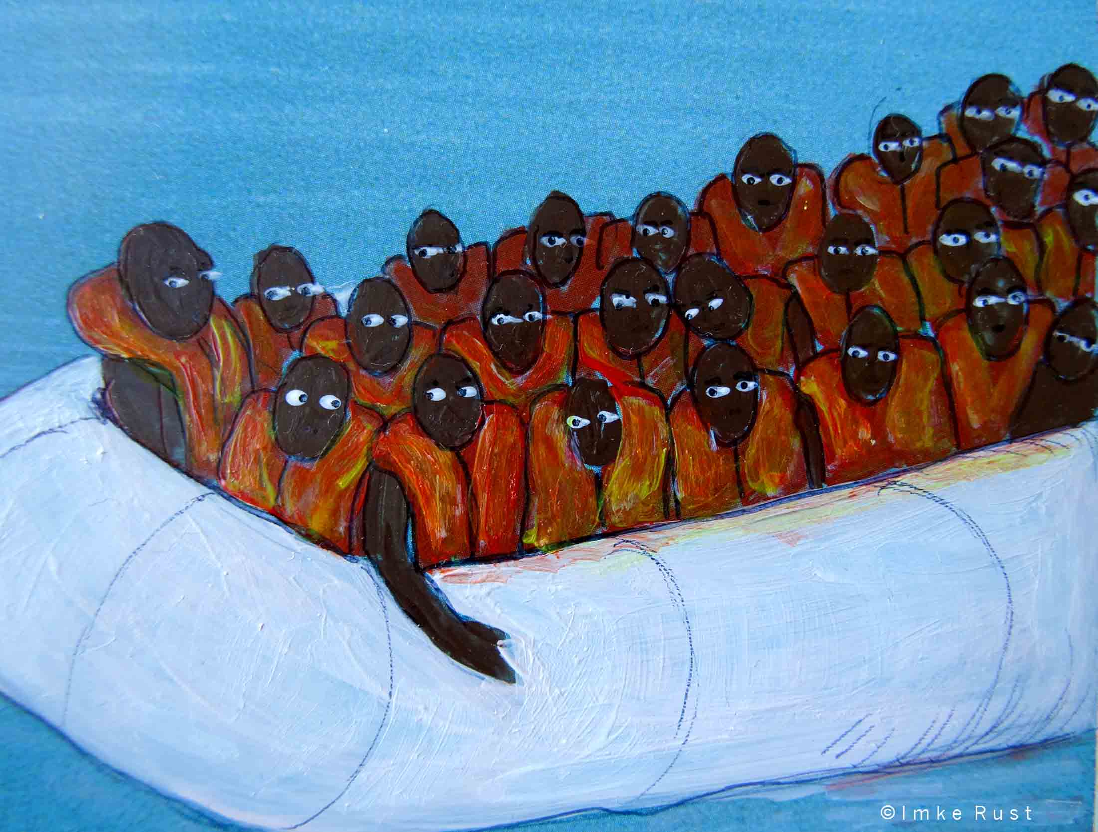 Detail from my latest Hotel-Deco-Busting Intervention: Refugees in boat.