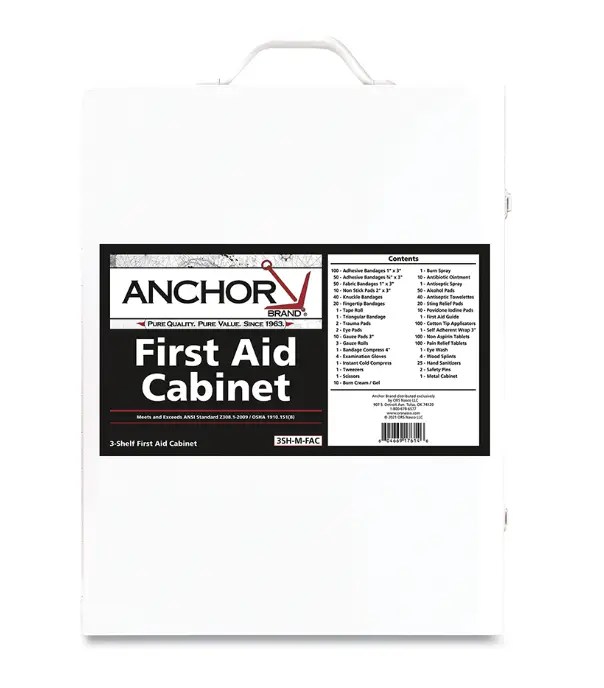 Anchor -  3 Shelf First Aid Cabinet, 150 Person, Metal Case, Includes 800 Pieces