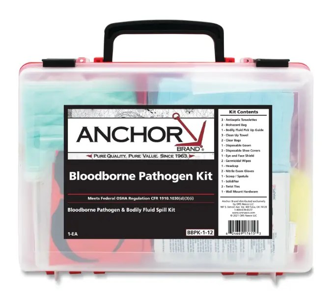 Anchor - Bloodborne Pathogen Kit, Blood Spill Clean-up, Plastic Case, Wall Mount Bracket