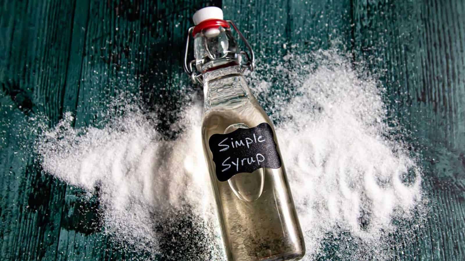 A glass bottle labeled "simple syrup" surrounded by scattered granulated sugar on a dark wooden surface. the bottle has a swing-top closure and is slightly tilted.