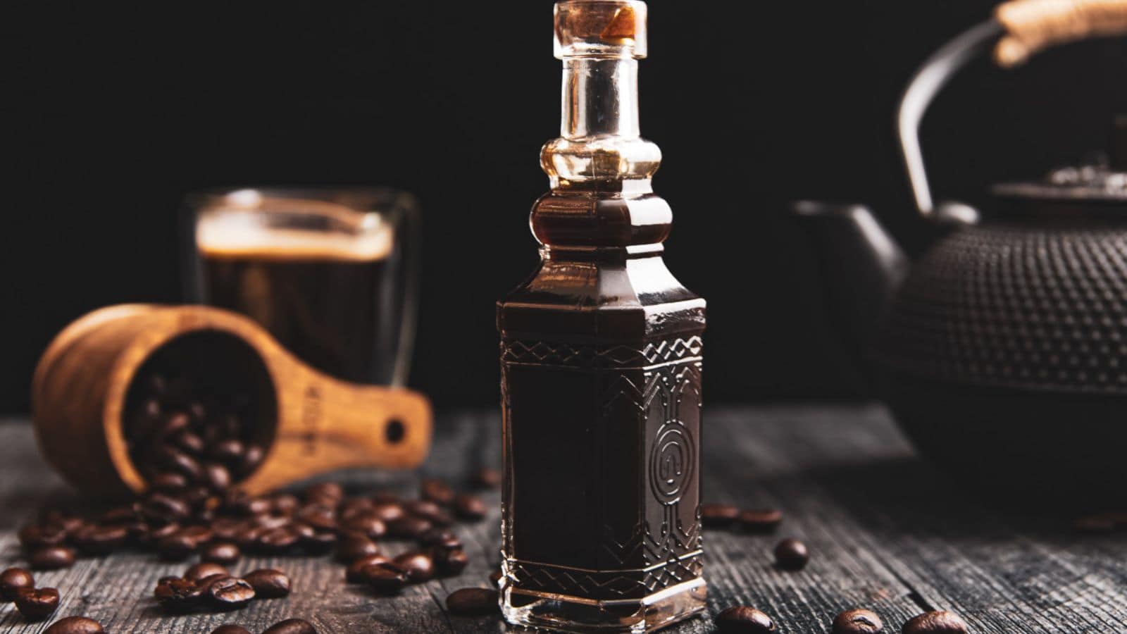 A glass bottle of coffee liqueur stands on a dark wooden surface, surrounded by scattered coffee beans and a small glass of coffee. in the background, a black teapot appears slightly out of focus.