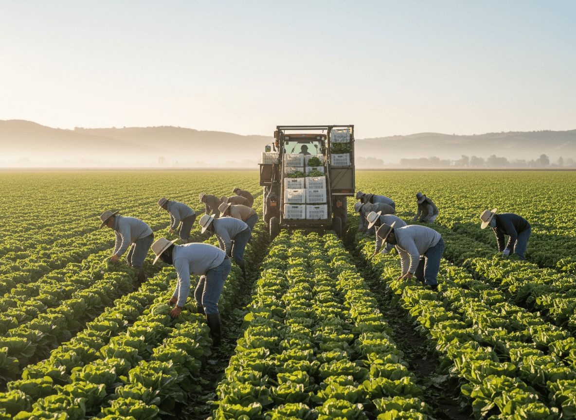 A crew of farmworkers harvesting lettuce into crates on a harvest trailer in a large field at sunrise