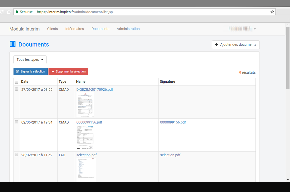 Interface de sélection des documents
