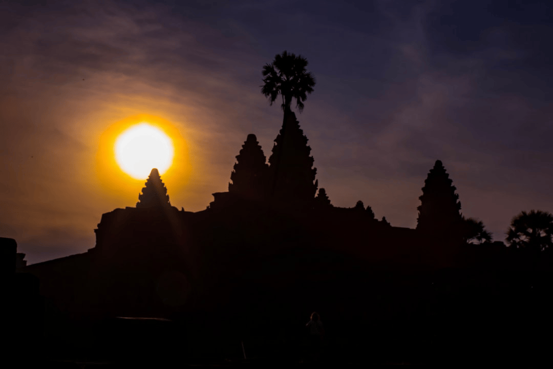 Stone temple towers in the Angkor archaeological complex in Cambodia