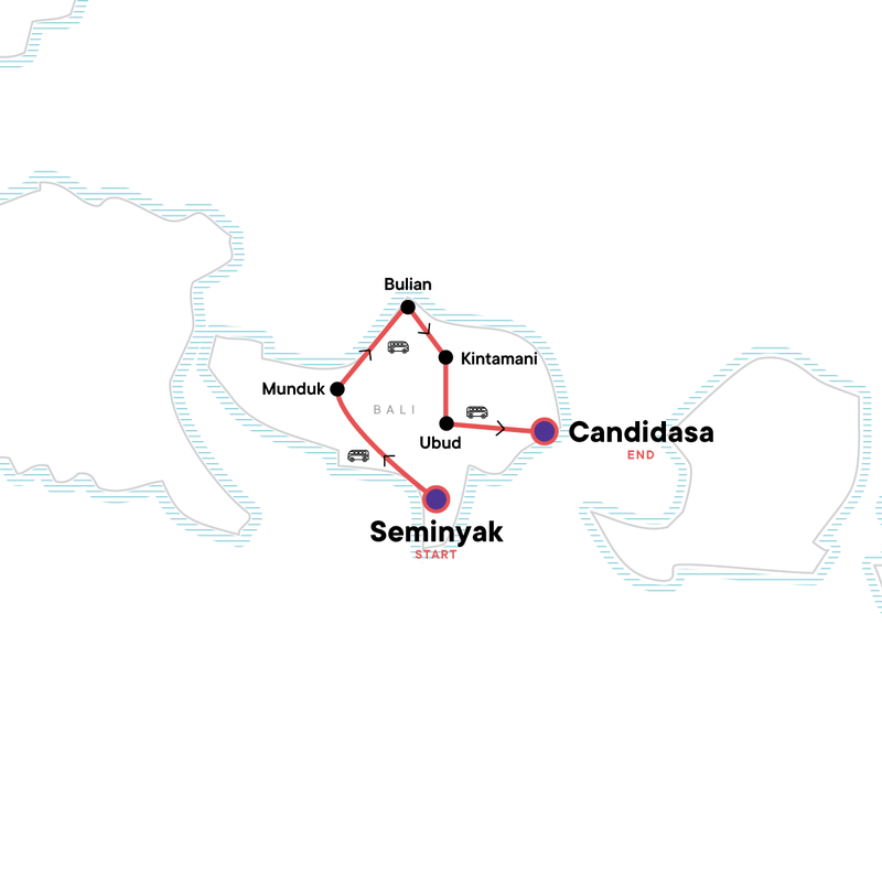 Route map from Seminyak through Bali to Candidasa