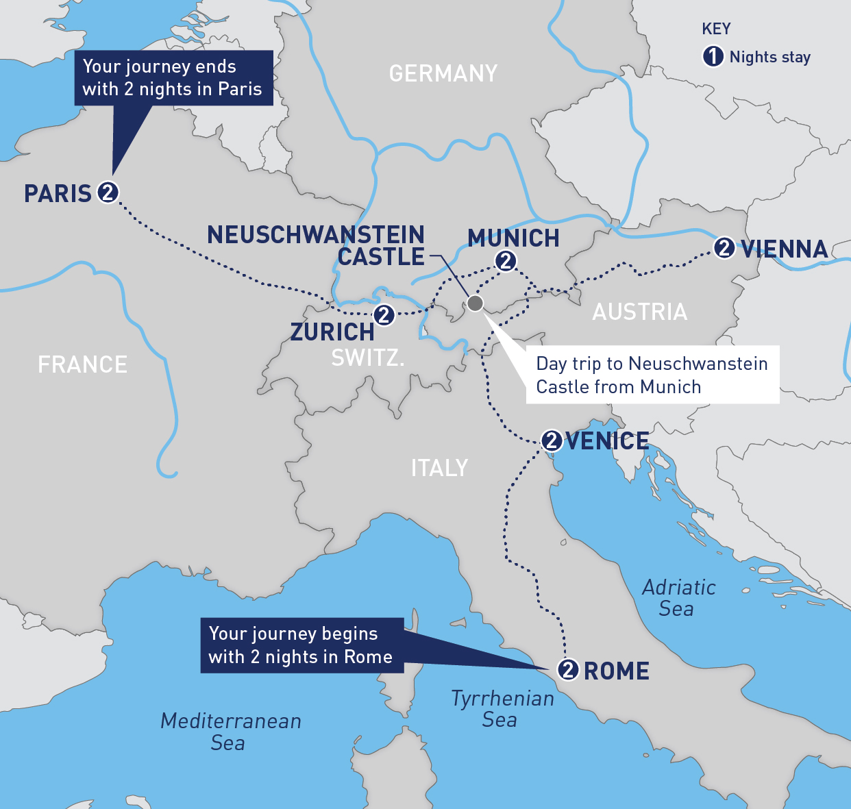 Railbookers Iconic Europe Rome to Paris rail itinerary route map