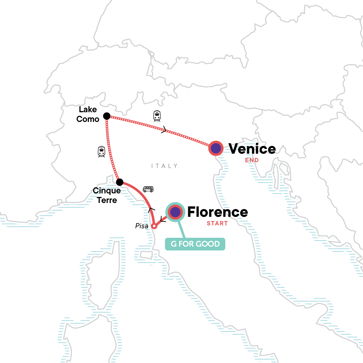 Map of the Italy route from Florence through Cinque Terre and Lake Como to Venice