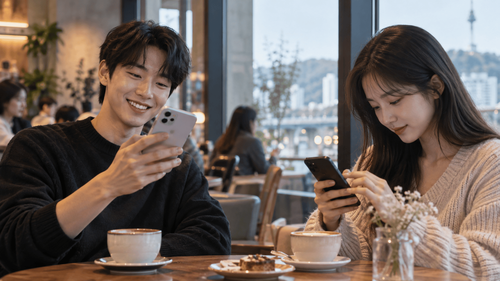 카페에서 스마트폰으로 짧은 영상을 함께 살펴보는 이용자들