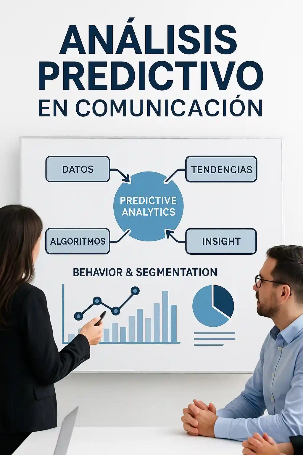 Infografía sobre análisis predictivo en comunicación, con conceptos clave como datos, algoritmos, tendencias e insights, presentada por una profesional en un entorno de oficina.