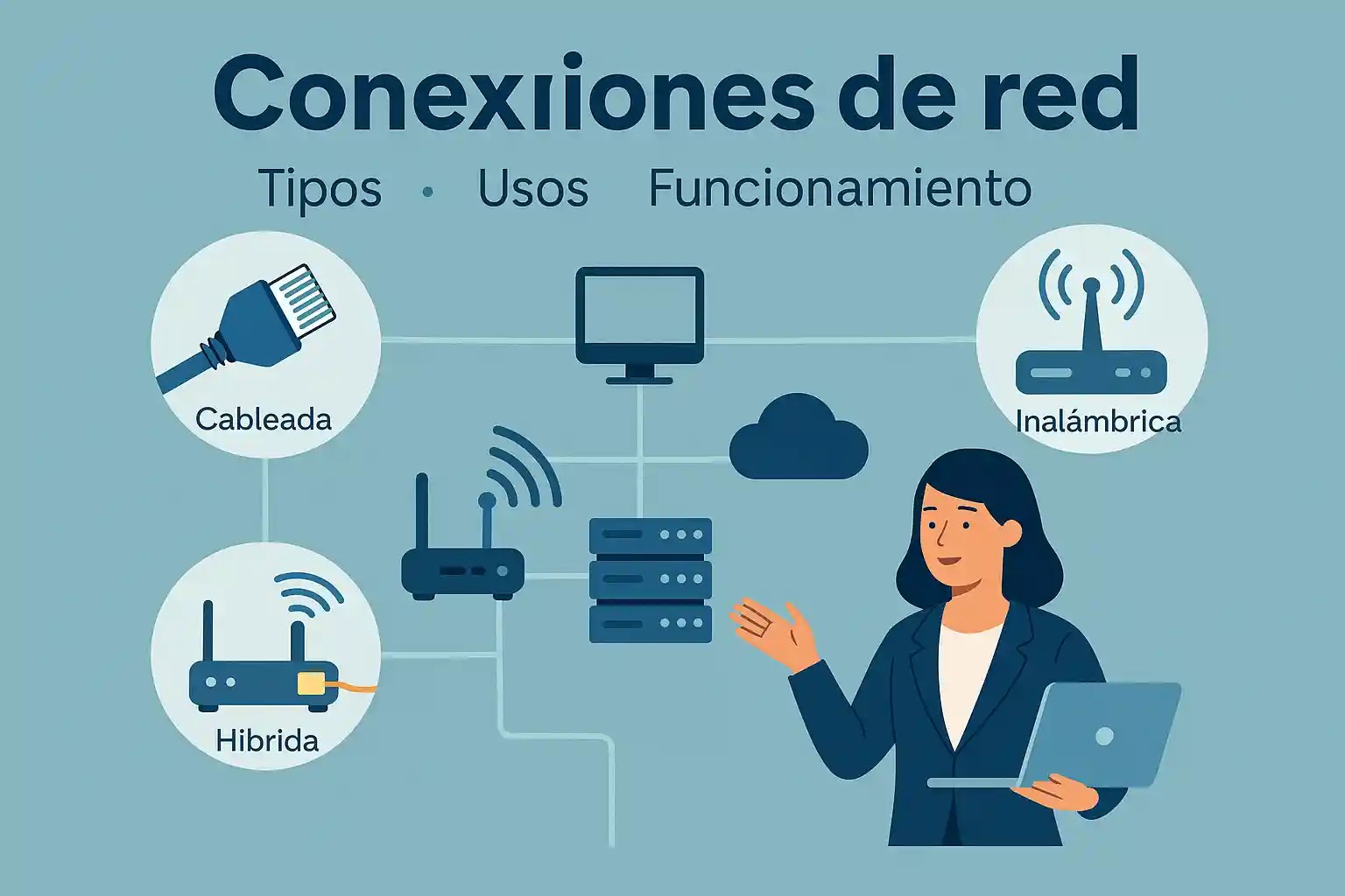 Infografía digital sobre tipos de conexiones de red: cableada, inalámbrica e híbrida, ilustradas con iconos conectados a un servidor y una profesional con portátil.