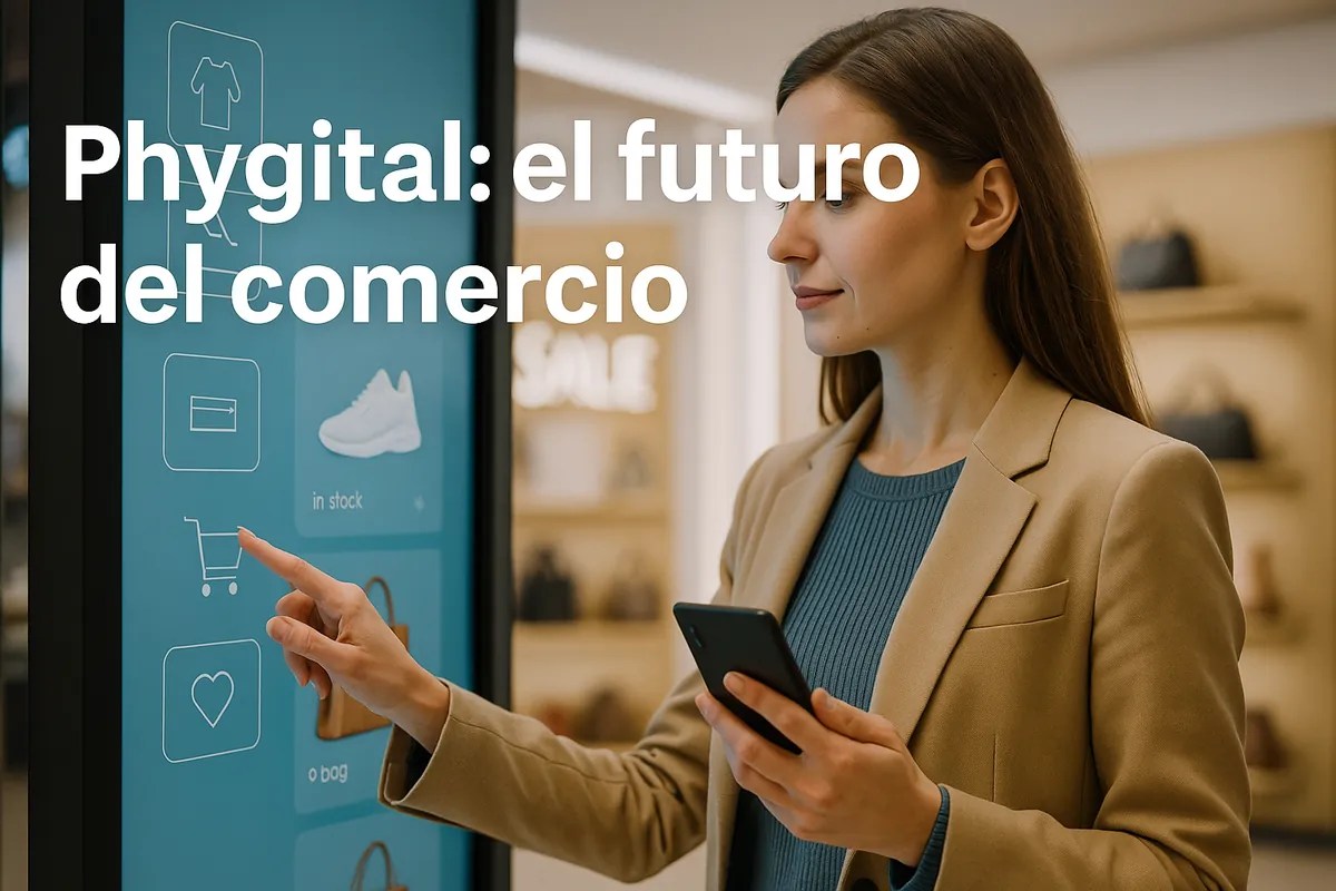 Cliente interactuando con pantalla táctil en tienda mientras usa su smartphone para vivir una experiencia phygital.
