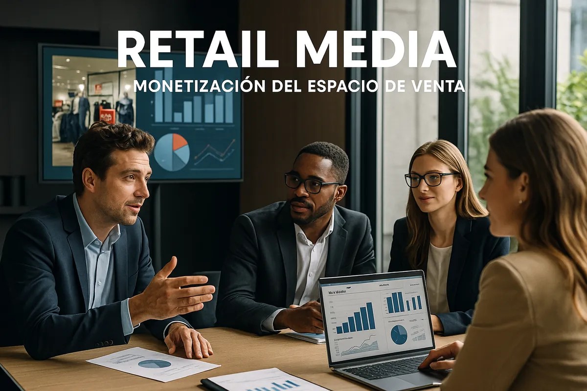 Ejecutivos analizando un plan de retail media con pantallas publicitarias en tienda.