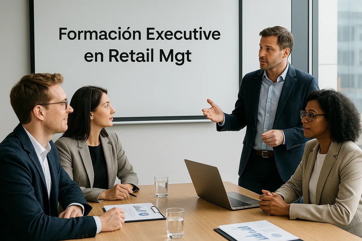 Directivos en una reunión estratégica sobre retail mgt y marketing omnicanal.