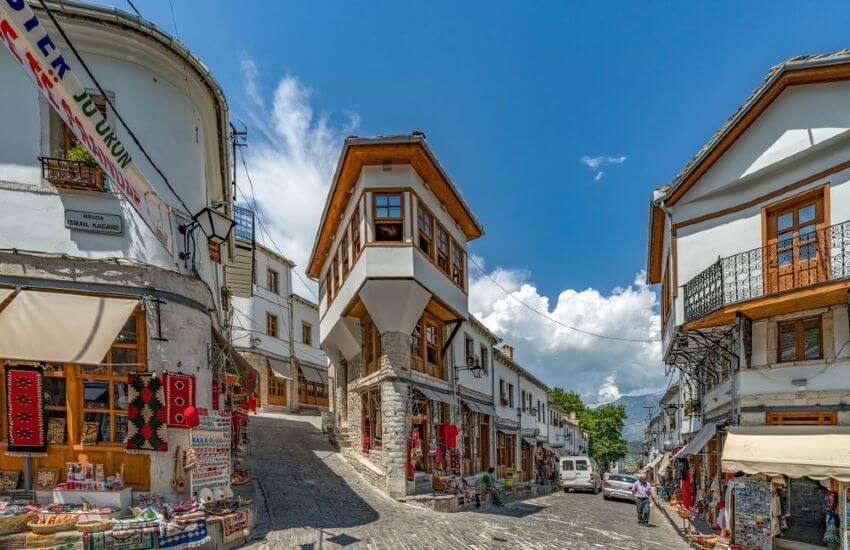 Grey stone houses and the castle of Gjirokastra, Albania