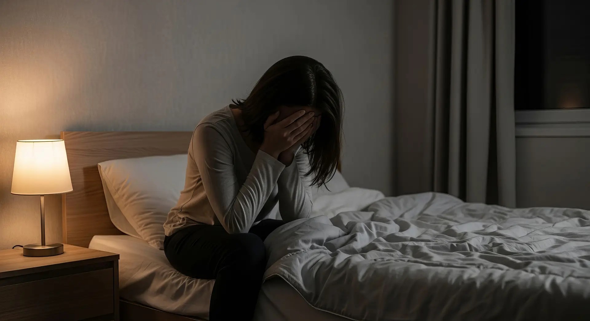 Young girl, sitting with her head down, and her hands covering her face. Perhaps pondering her hopelessness.