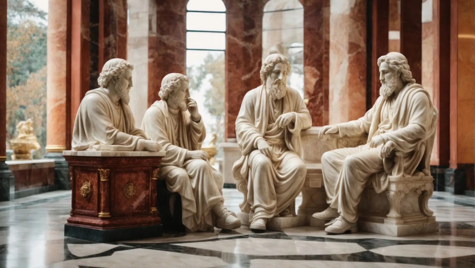 Four philosophes, from Athens, Greece. Sitting and questining one another