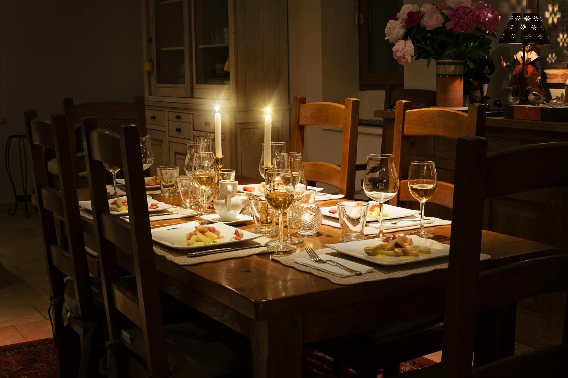 dinnerware set on brown wooden table