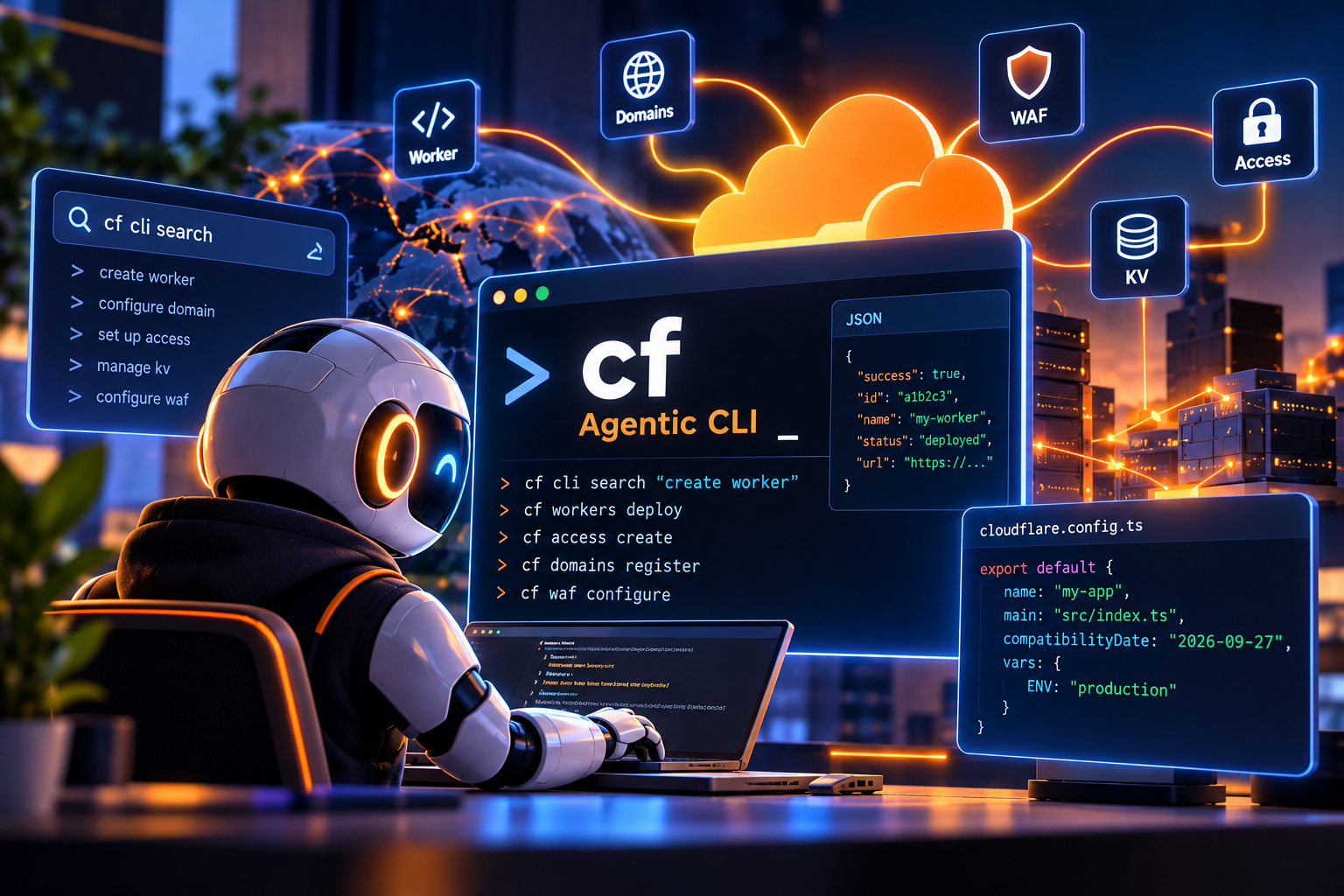 صورة توضيحية أصلية لوكيل برمجي يستخدم Cloudflare cf لإدارة النشر والأمان والبنية السحابية