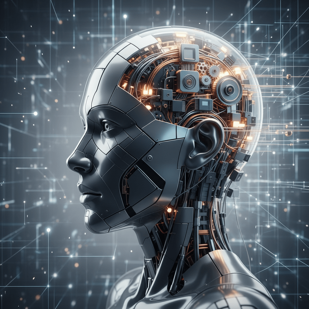 Abstract digital art of a lifelike AI robot cranium with exposed electronic components and tech background, symbolizing Australian AI research and development for R&D Tax Incentive eligibility