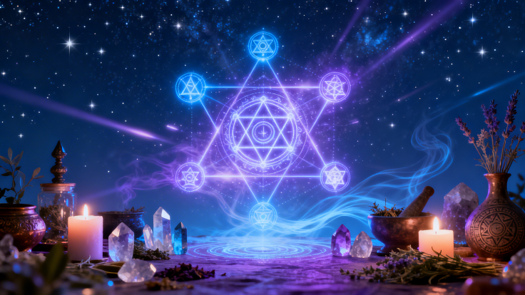 A mystical scene featuring a glowing geometric symbol against a starry night sky, surrounded by candles, crystals, and herbs on a tabletop.