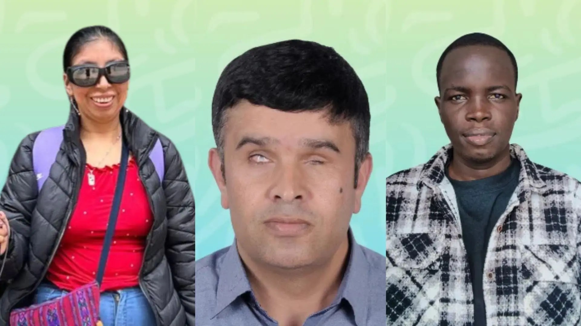 Portraits of the 2026–2027 CIP Fellows: Elizabeth Patricia Pérez Sántiz, wearing dark glasses and a black jacket; Khomraj Sharma, wearing a blue-gray shirt; and Shakhor Jock Kuany, wearing a black and white plaid shirt.