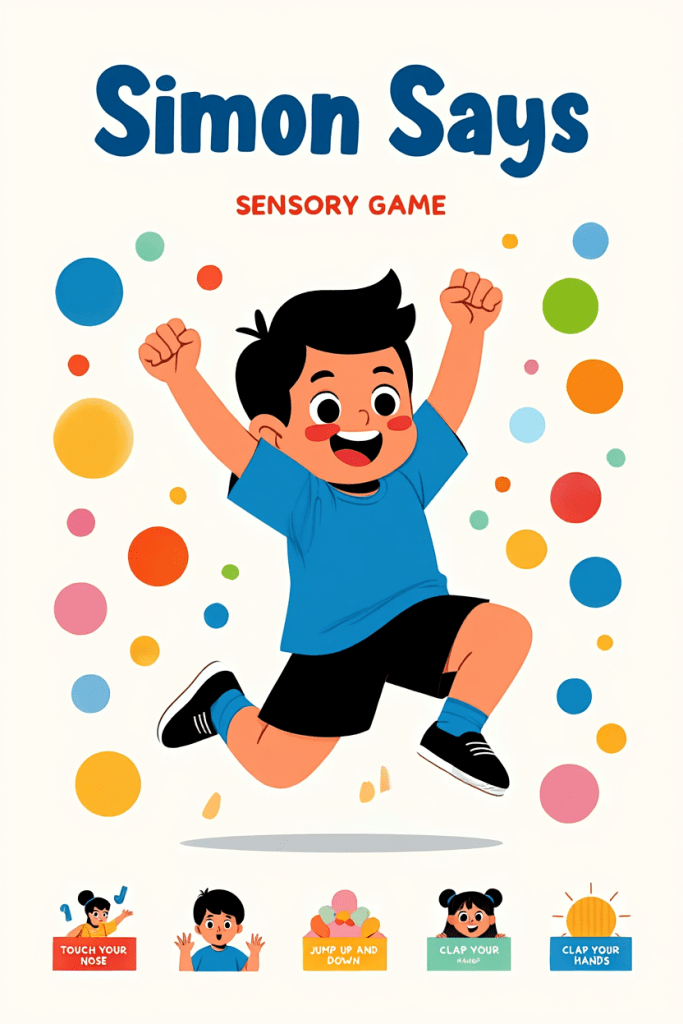 Sensory Simon Says Game for SEN Learners 2 An illustration of a joyful child jumping in the air, featuring colorful circles around them, with 'Simon Says' and 'SENSORY GAME' text above. Below, there are visual prompts including 'Touch your nose', 'Jump up and down', and 'Clap your hands'.