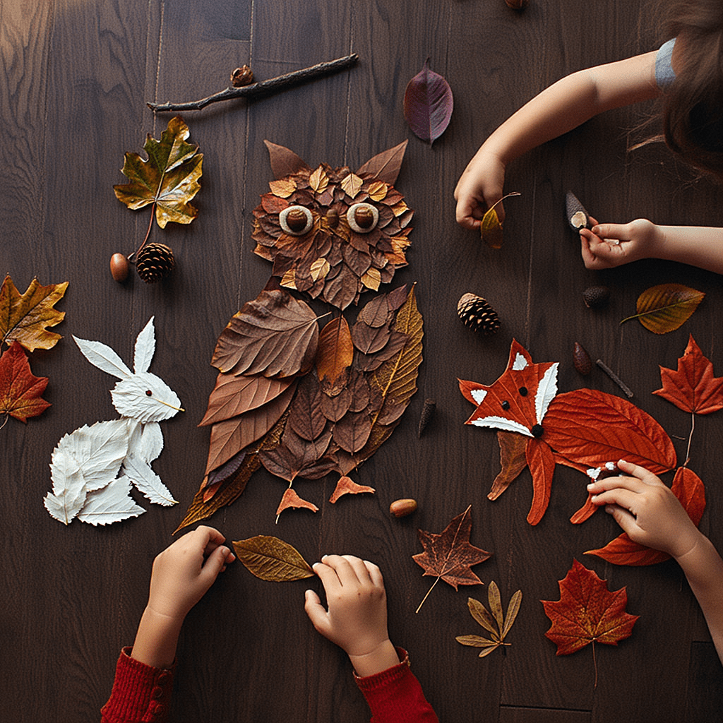Creating Magical Autumn Nature People: A Complete EYFS Activity Guide 6 A creative arrangement of autumn leaves and natural materials forming an owl, rabbit, and fox, with children's hands working on the artwork.